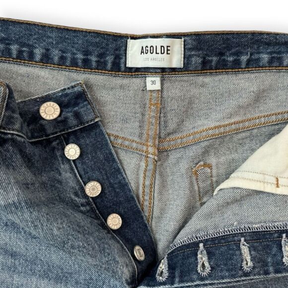 Agolde Parker Long Distressed Cuffed Raw Hem Denim Shorts 30 - Picture 3 of 4